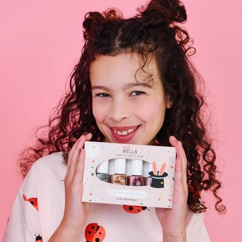 Miss Nella Magic Collection Juego de 4 esmaltes de uñas con purpurina: rosa, rojo, dorado y azul, esmalte de uñas extraíble especial para niños, no tóxico, a base de agua, inodoro