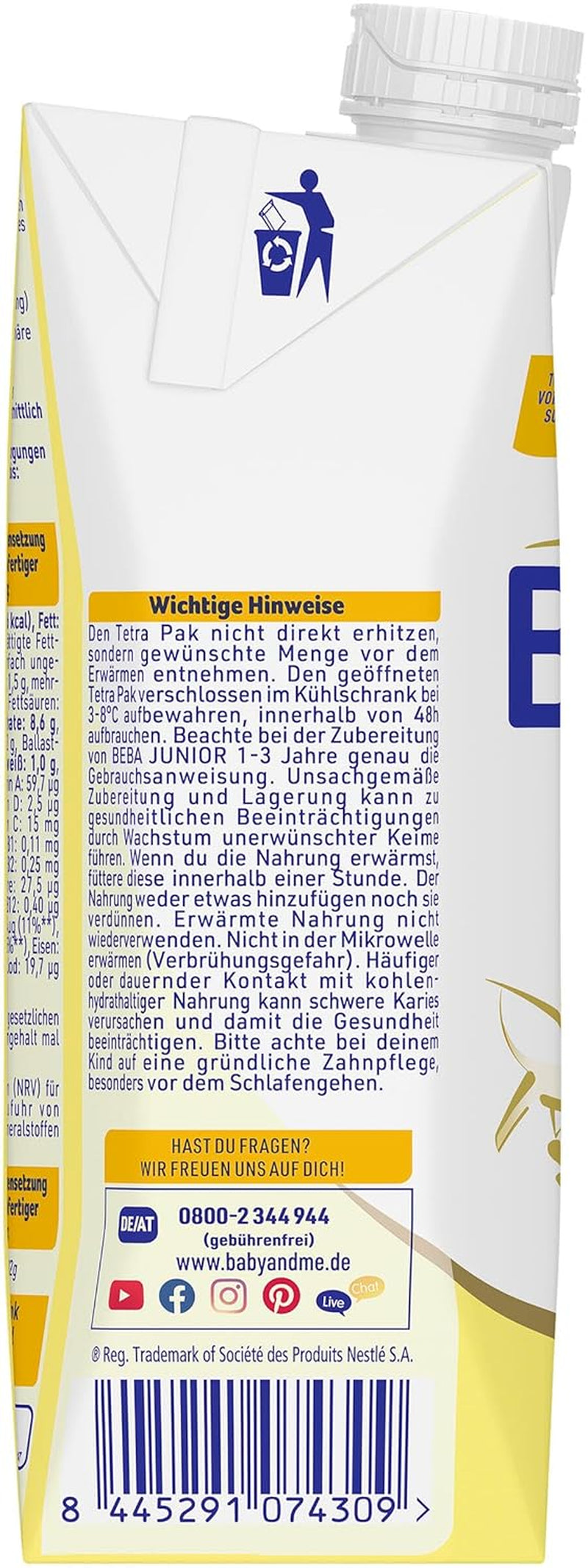 BEBA Bebida de leche lista para beber para niños de 1 a 3 años, con HMO, contenido de proteínas apropiado para la edad, sin aceite de palma, sin aceite de pescado, comida para niños pequeños, paquete de 12 (12 x 500 ml)