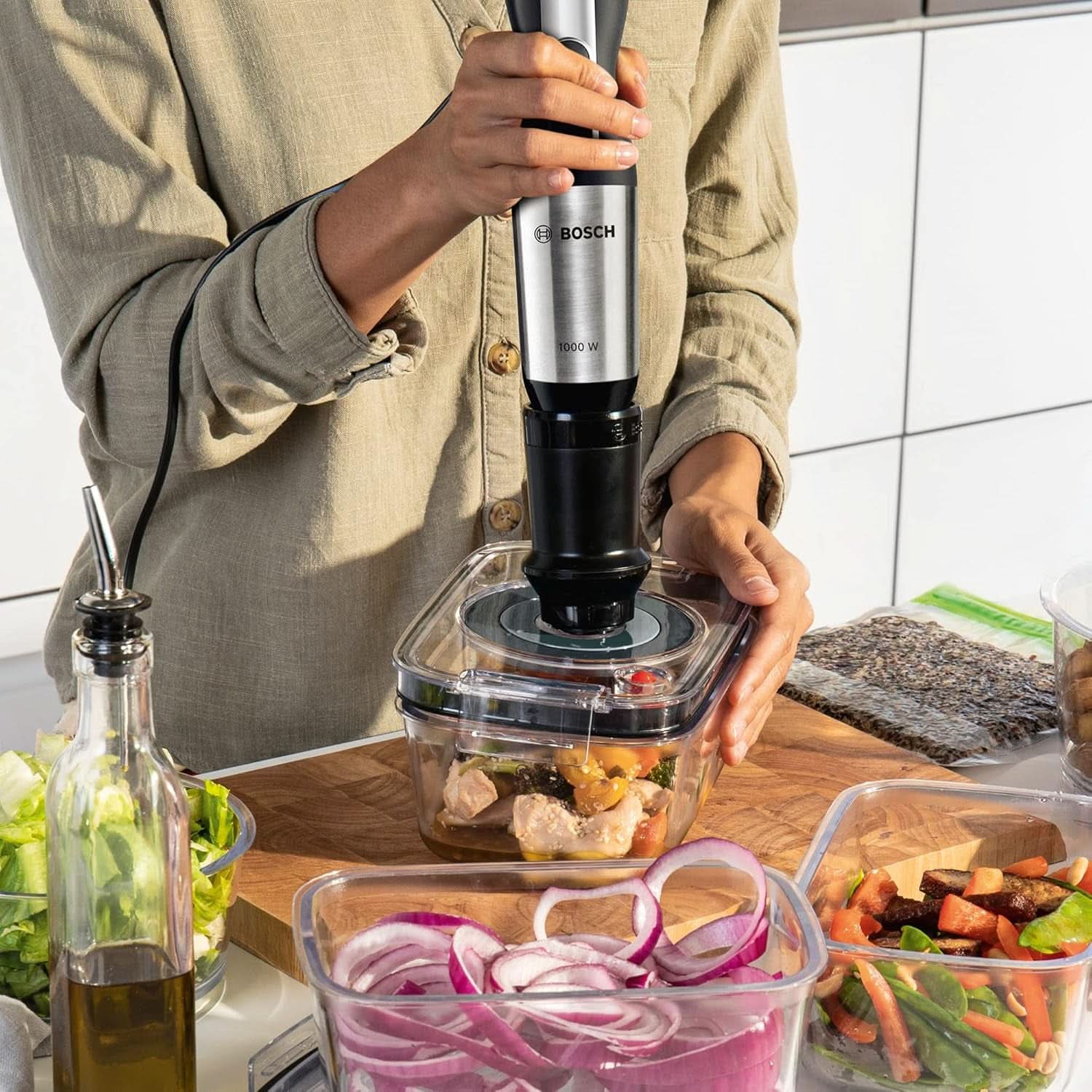 Bosch Ergomixx Style Stabmixer MS6CM61V2, función Vakuum, bomba Vakuum, beutel Vakuum, 4-Klingen-Messer, 12 Stufen, función Turbo, 1000 W, negro/antracita Madre e hijo Naty Shop