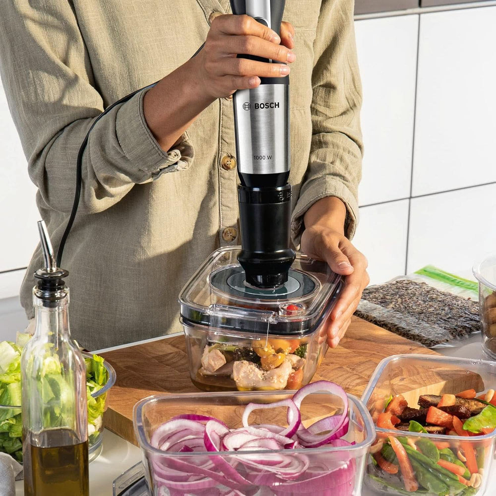 Bosch Ergomixx Style Stabmixer MS6CM61V2, función Vakuum, bomba Vakuum, beutel Vakuum, 4-Klingen-Messer, 12 Stufen, función Turbo, 1000 W, negro/antracita Madre e hijo Naty Shop