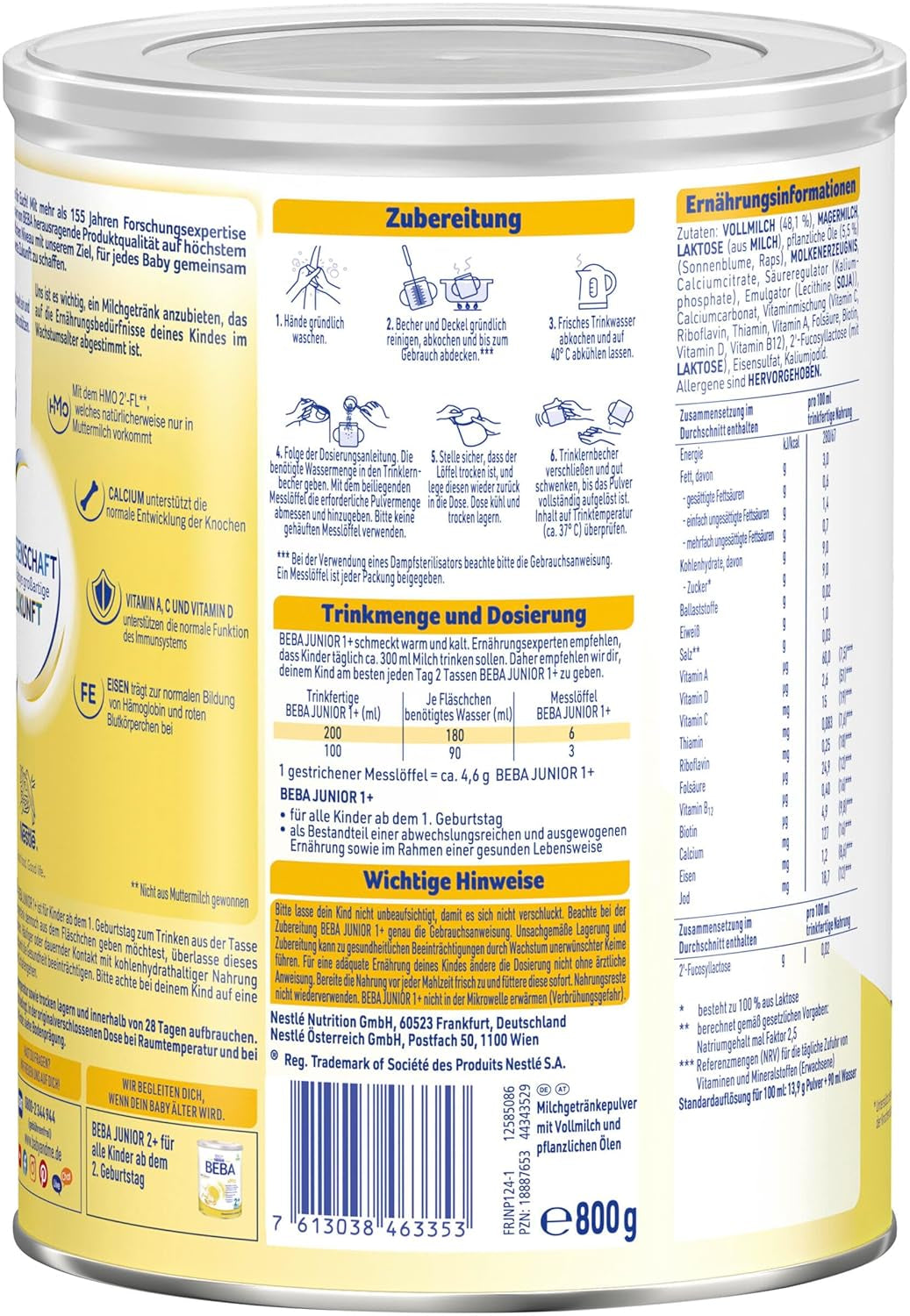 BEBA Junior 1+ bebida láctea a partir de 1 año, Con HMO, Contenido de proteínas apropiado para la edad, Solo lactosa, Sin aceite de palma, Sin aceite de pescado, Comida para niños pequeños, Leche en polvo para bebés, Paquete de 6 (6 x 800 g)