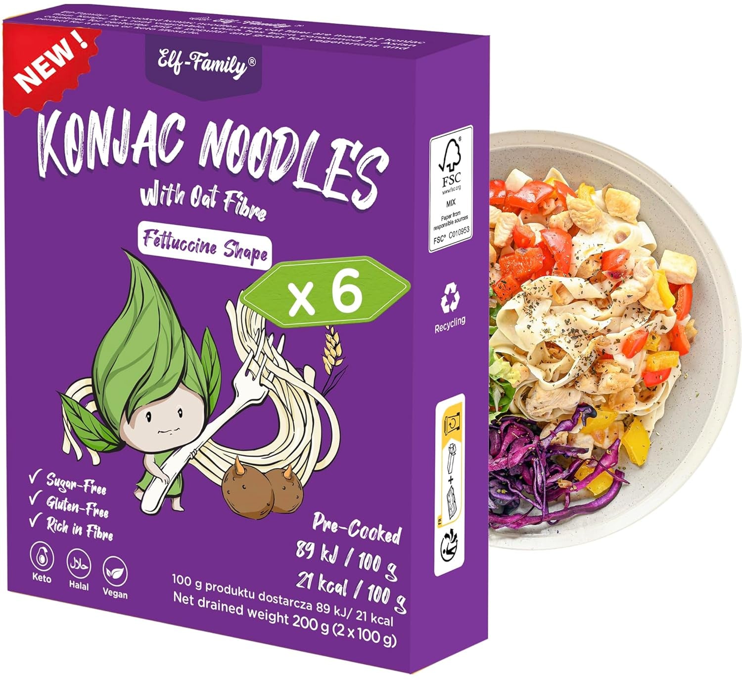 Fideos Konjac Premium de Tailandia, veganos, sin gluten - 240 g x paquete de 6 (12 paquetes), fideos Shirataki de Elf-Family, fideos instantáneos, pasta/ceto/bajo en carbohidratos/bajo en calorías/sin azúcar - espaguetis y fettuccine
