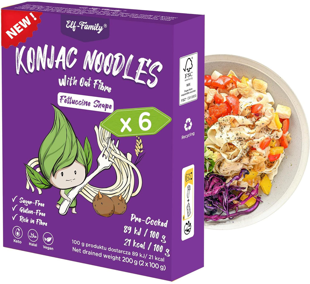 Fideos Konjac Premium de Tailandia, veganos, sin gluten - 240 g x paquete de 6 (12 paquetes), fideos Shirataki de Elf-Family, fideos instantáneos, pasta/ceto/bajo en carbohidratos/bajo en calorías/sin azúcar - espaguetis y fettuccine