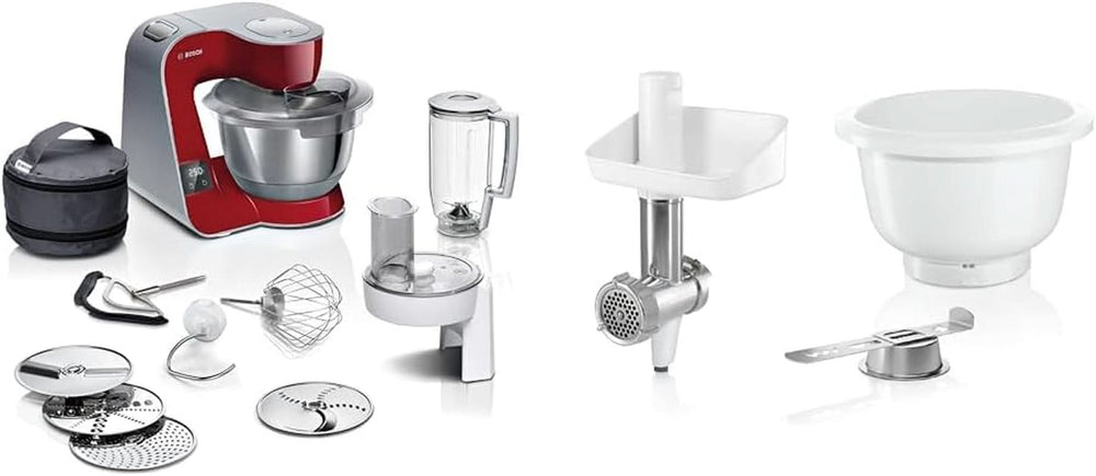 Bosch Serie 4 MUM5X720 robot de cocina, báscula integrada, bol de acero inoxidable 3,9L, batidora 1,25L, 1000W Accesorios Alimentación y Lactancia Baby Naty Shop Bundle con Bakingsensation Rojo oscuro/plata 2 accesorios
