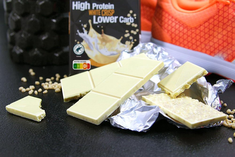 frankonia CHOCOLAT POWER MOTION sin azúcares añadidos - Chocolate blanco crujiente con alto contenido en proteínas y bajo en carbohidratos, 90 g