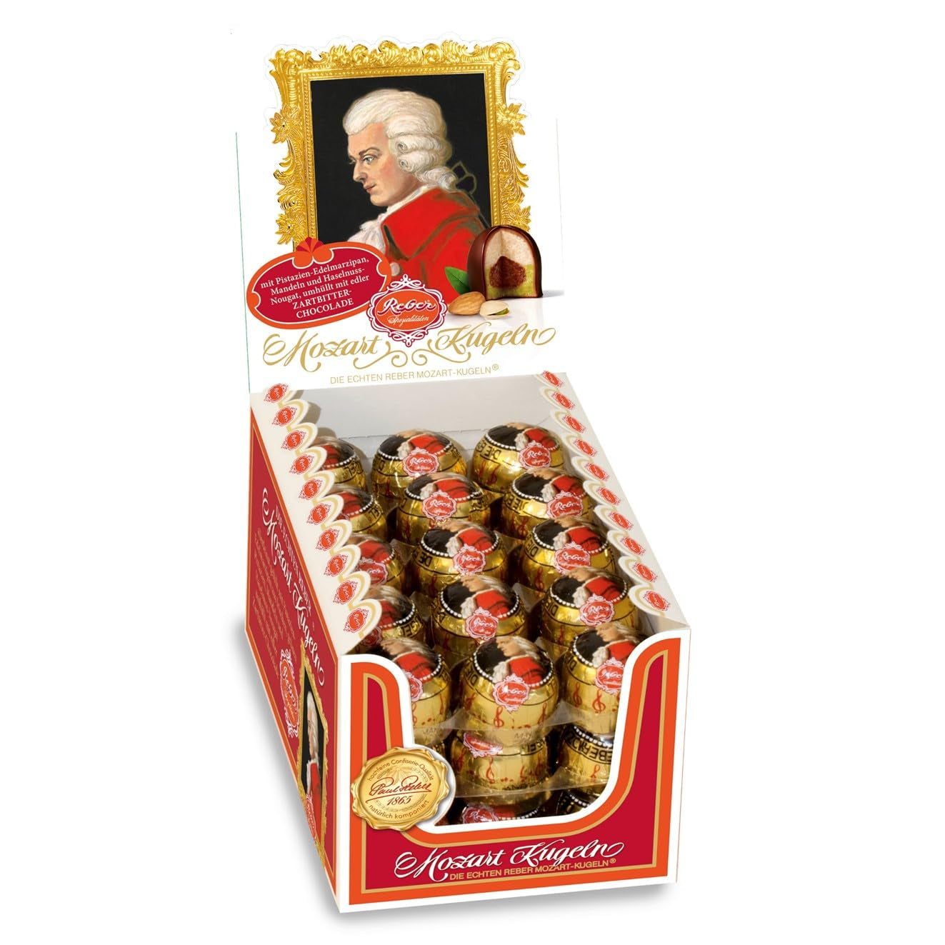 Reber Bolitas Mozart, caja de presentación 4x45, bolitas de chocolate negro rellenas de turrón de pistacho, mazapán, almendras y avellanas, 3,6 kg (180 piezas)