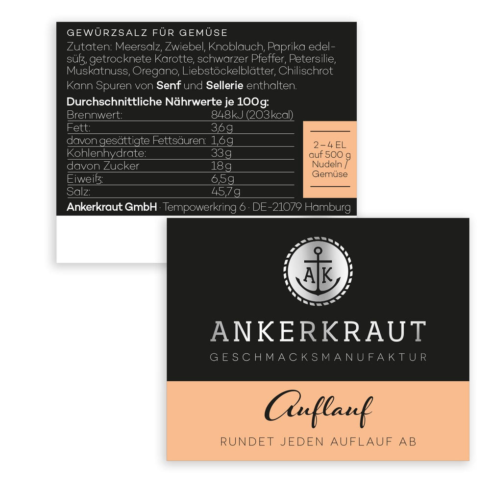 Ankerkraut Auflauf, für Gemüse-, Kartoffel- und Nudelauflauf, Gewürzsalz mit Pfeffer, Parsilie, Knoblauch, Karotte, 90 g en Korkenglas