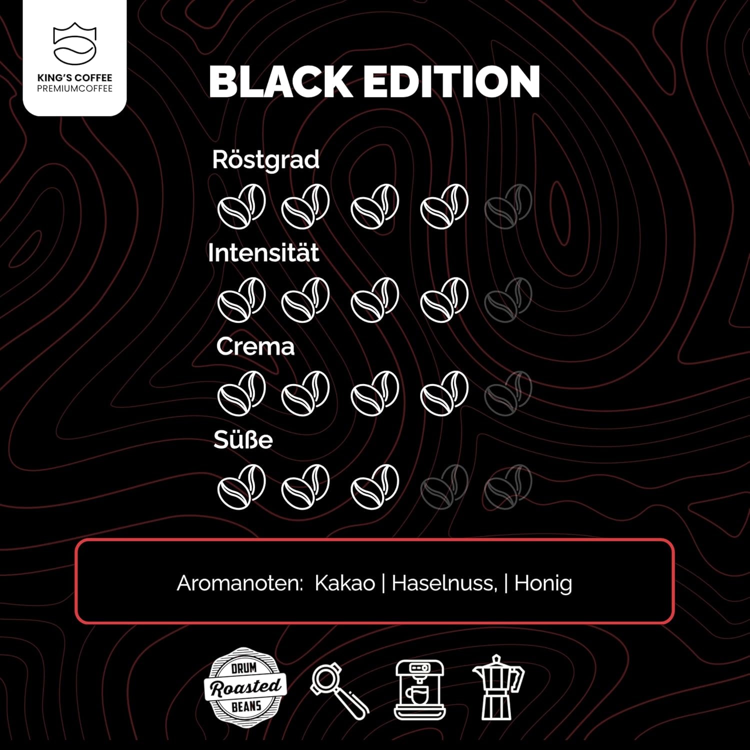 KING'S COFFEE - EDIȚIE NEAGRĂ - 1 kg Boabe de Cafea Crema Intense - Cafea cu Aciditate Scăzută - Prăjire în Loturi Mici din Italia - Boabe de Espresso Arabica Puternic (Amestec) pentru Aparate Complet Automate și Portafiltru