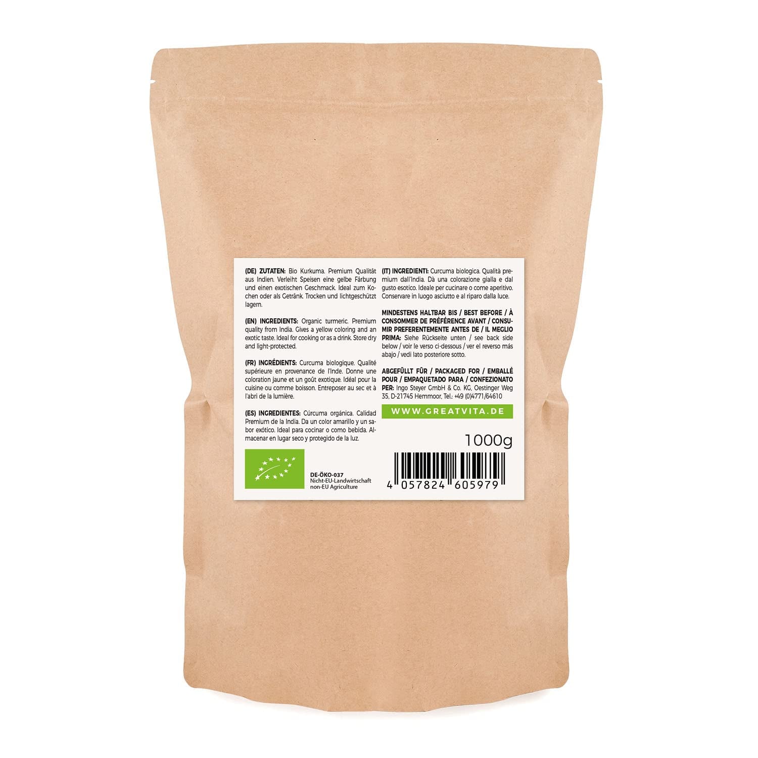 GreatVita Bio Cúrcuma en polvo, 1000 g finamente molida, 100 por ciento natural