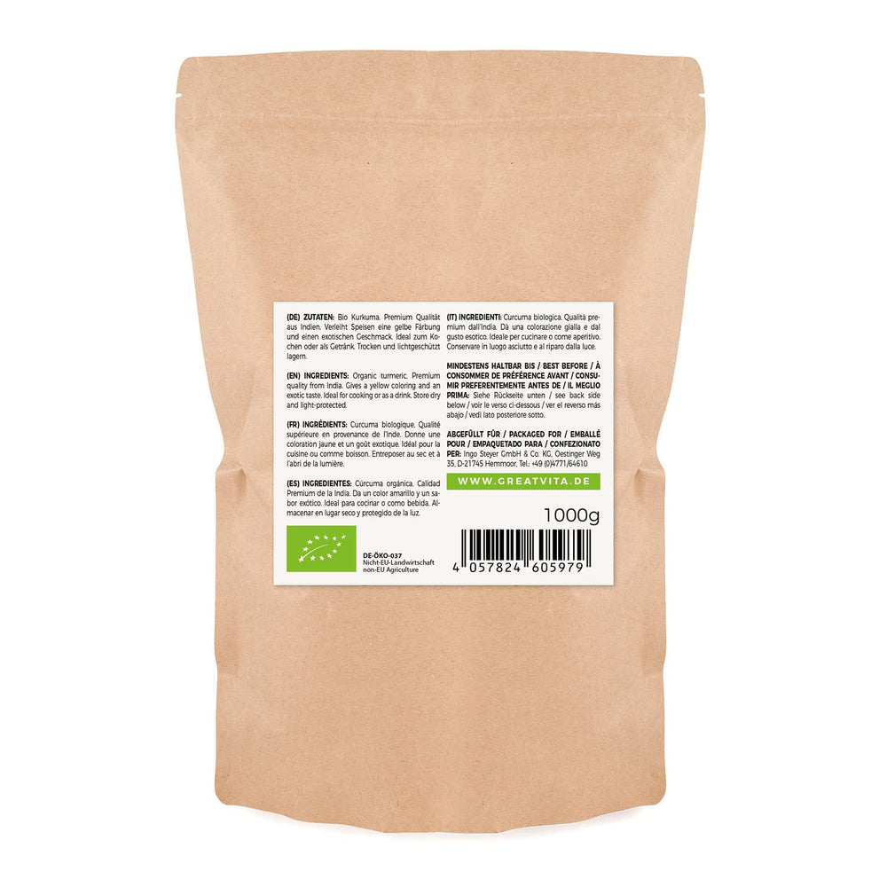 GreatVita Bio Cúrcuma en polvo, 1000 g finamente molida, 100 por ciento natural