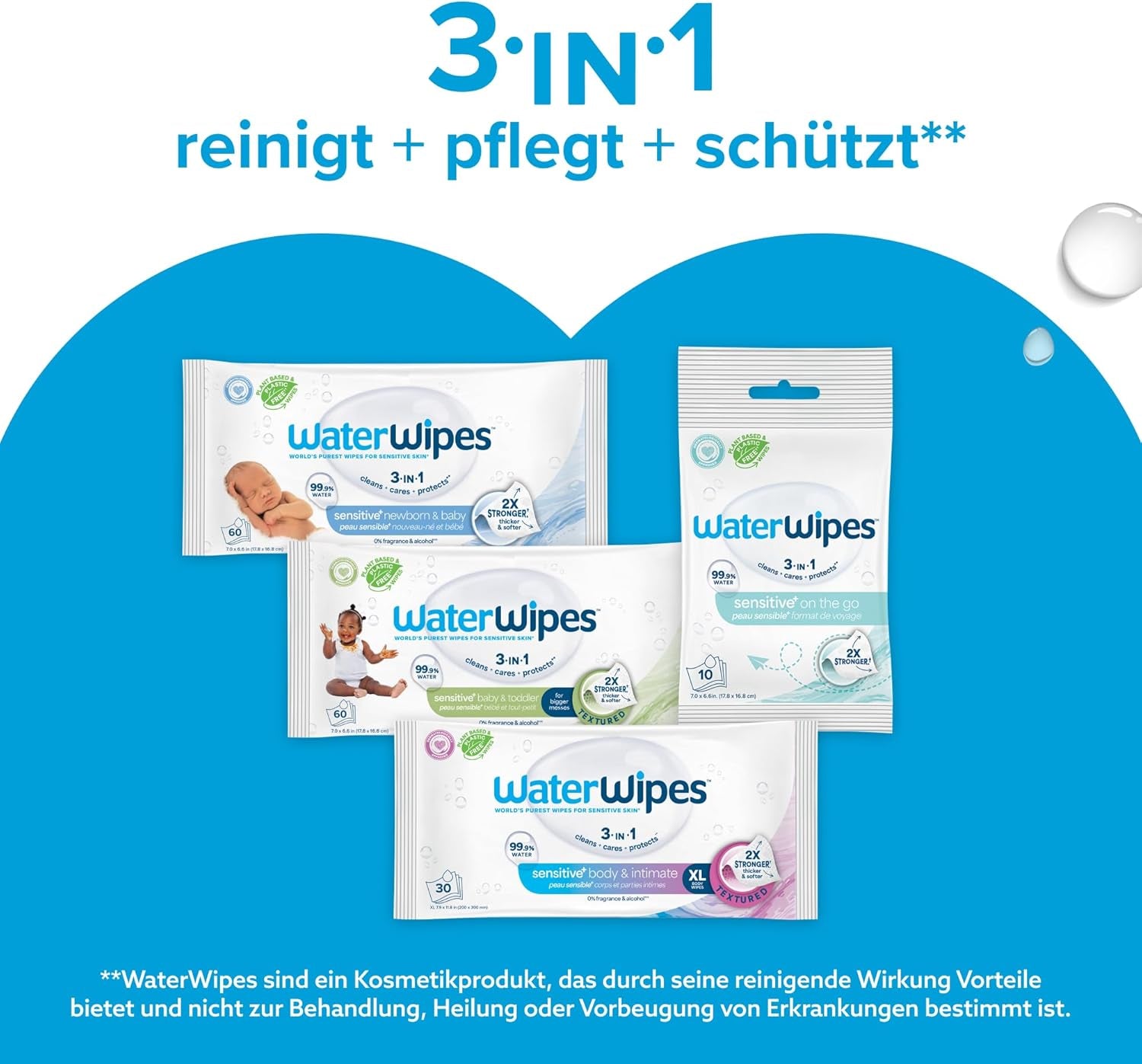 WaterWipes Sensitive+ Toallitas húmedas para recién nacidos y bebés, 720 unidades (paquete de 12), limpieza, cuidado, protección 3 en 1, 99,9% agua, sin fragancia