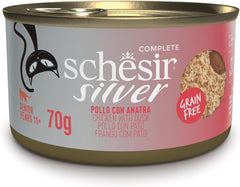 Silver, Pui cu Mousse de Rață și Fileuri, Hrană Umedă Completă pentru Pisici Senior, Fără Cereale, Suport Imunitar, Sursă de Umiditate, 12 x 70g