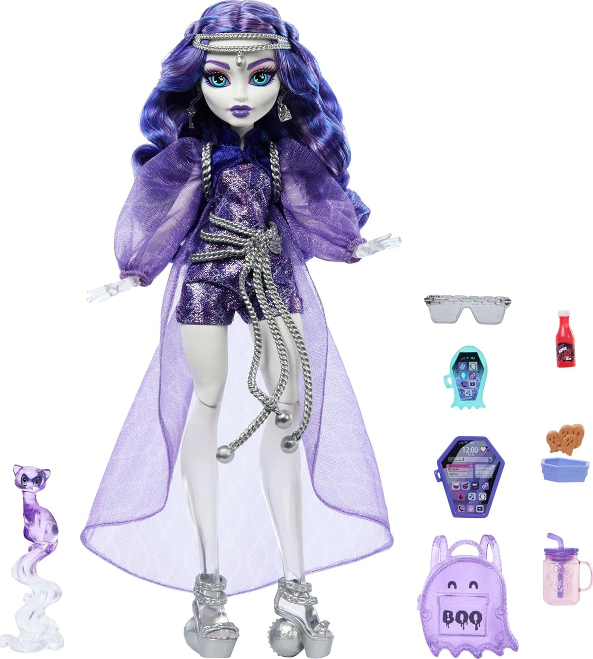 Muñeca Monster High Spectra Vondergeist con Rhuen Ferret y accesorios como mochila, tableta, bocadillos y más, HXH77 Naty Shop Dolls Título predeterminado