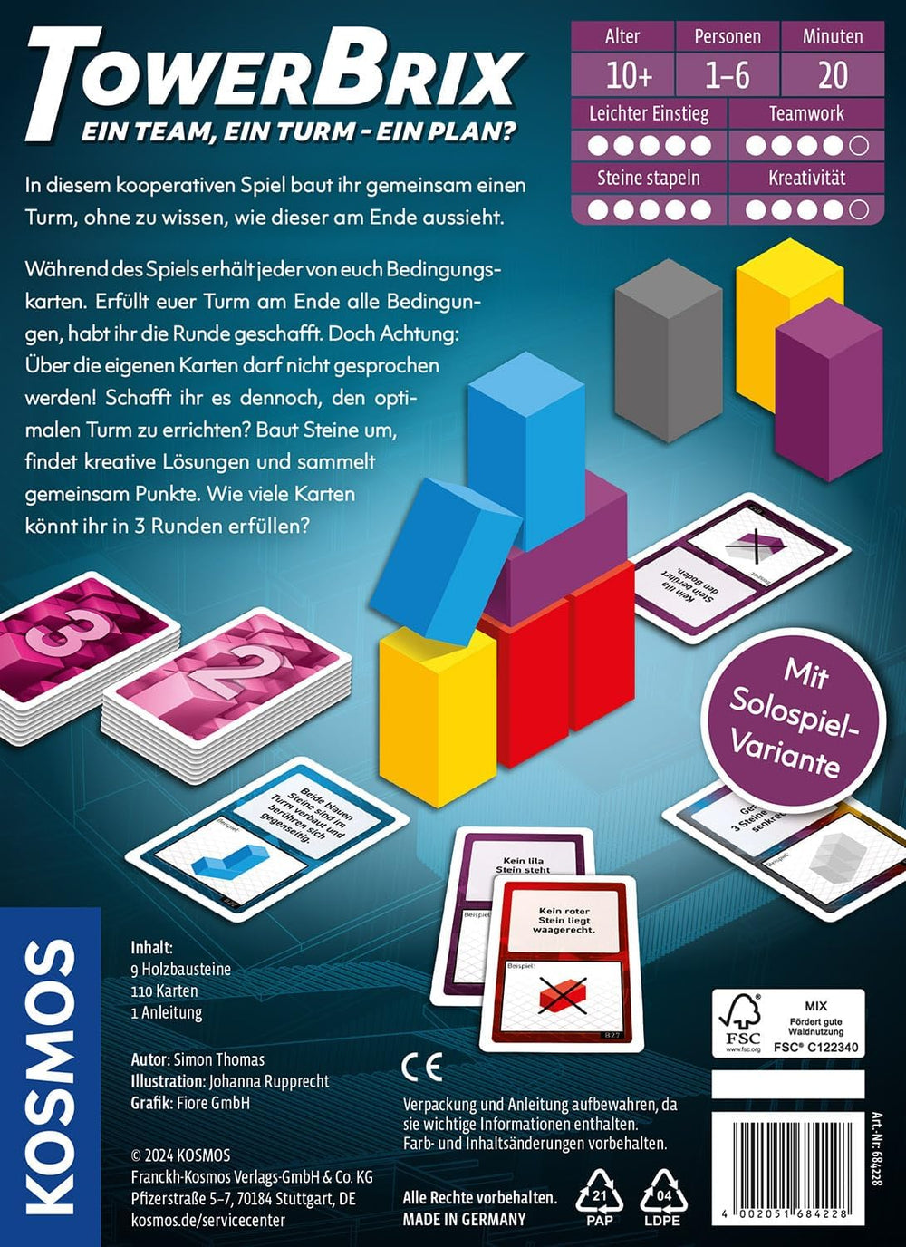 KOSMOS 684228 TowerBrix: Un equipo, UNA torre - ¿UN plan? Juego de destreza cooperativo, construir juntos sin un plan, juego de mesa para 1-6 jugadores de 10 años en adelante