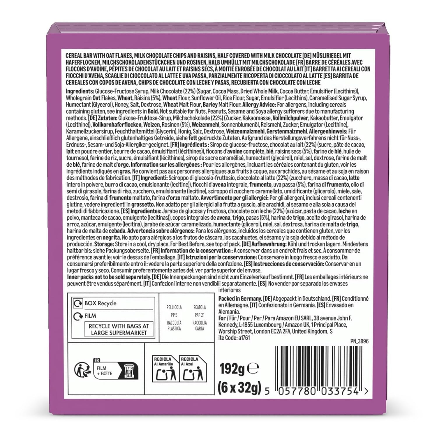 Barra de muesli con chocolate y pasas del Amazonas, 192g