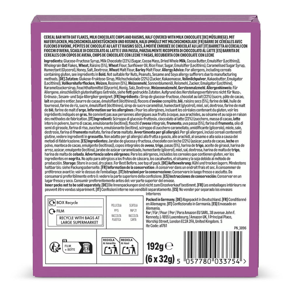 Barra de muesli con chocolate y pasas del Amazonas, 192g