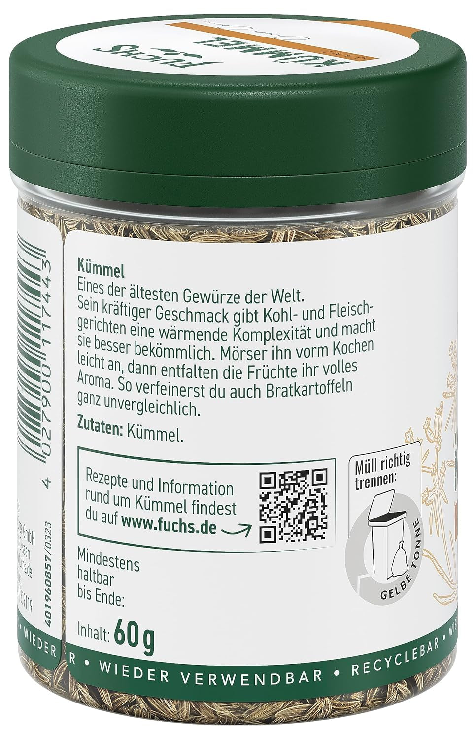 Fuchs Gewürze - Kümmel ganz - kräftiges Gewürz für Kohl- und Fleischgerichte oder zu Bratkartoffeln - ingrediente natural - 60 g en wiederverwendbarer, recyclebarer Dosis