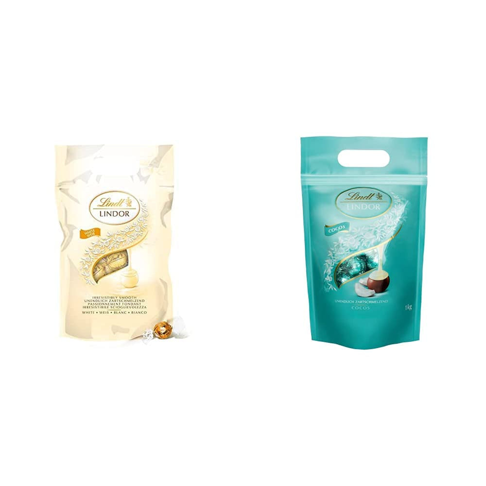 LINDOR bolitas de chocolate blanco, 1 kg y LINDOR | Bolsa resellable de 1 kg | aprox. 80 bolitas de chocolate con leche con relleno de menta | Paquete a granel, regalo de praliné, regalo de chocolate.