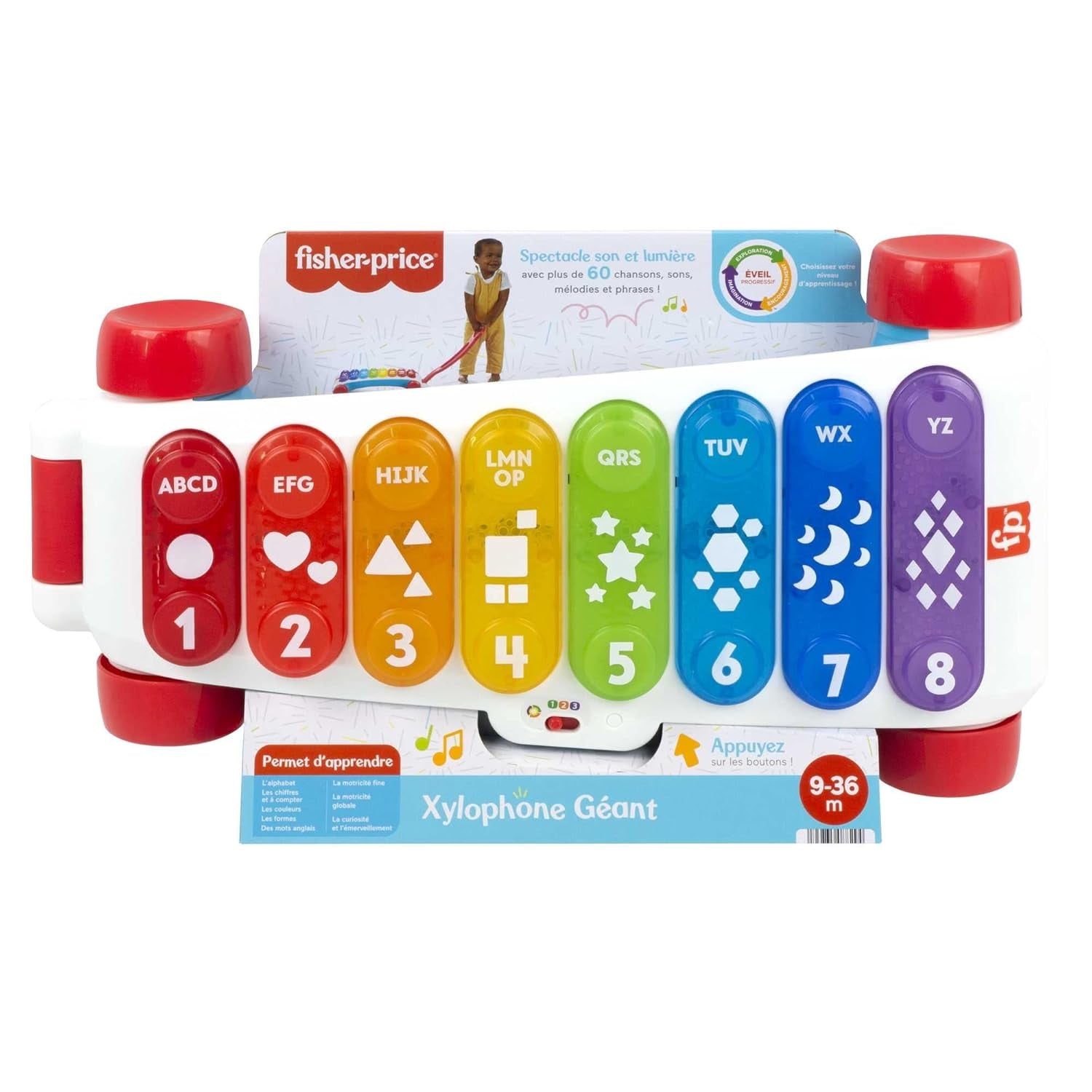 Fisher-Price Light-up gigant xilofon - instrument muzical electronic pentru a trage împreună cu melodii cu conținut de învățare, pentru copii, copii mici de la 9 luni, multicolor, versiune: franceză, HJK40 Jucarii Bebe Naty Shop