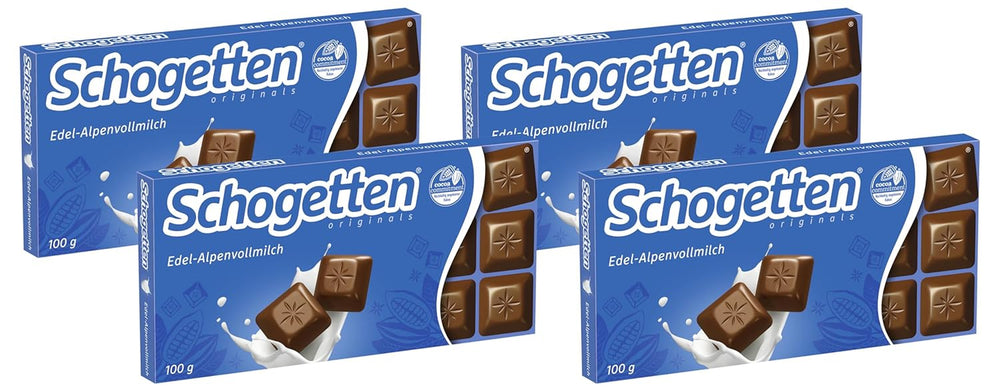 Barra de chocolate con leche Schogetten Premium Alpine, 100 g, en porciones individuales. Una delicia. Pieza por pieza.