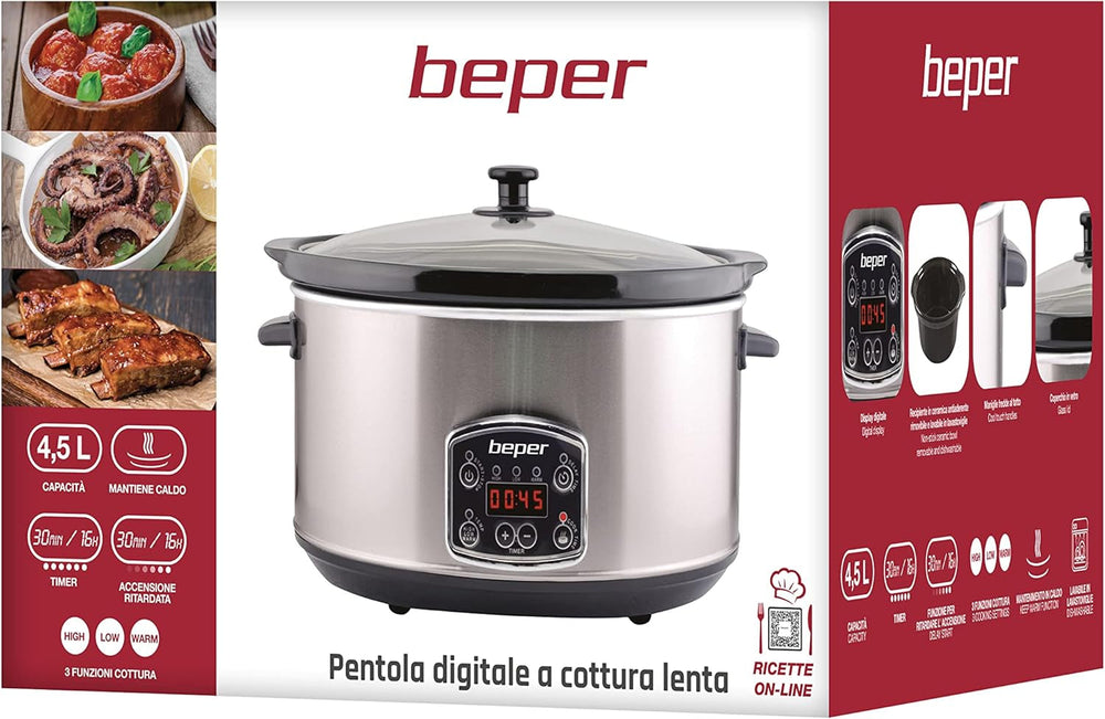 Beper BC.510 Olla de Cocción Lenta, 280 W, 4,5 litros, Vitrocerámica, Negra y Acero Olla de Cocción Lenta Naty Shop