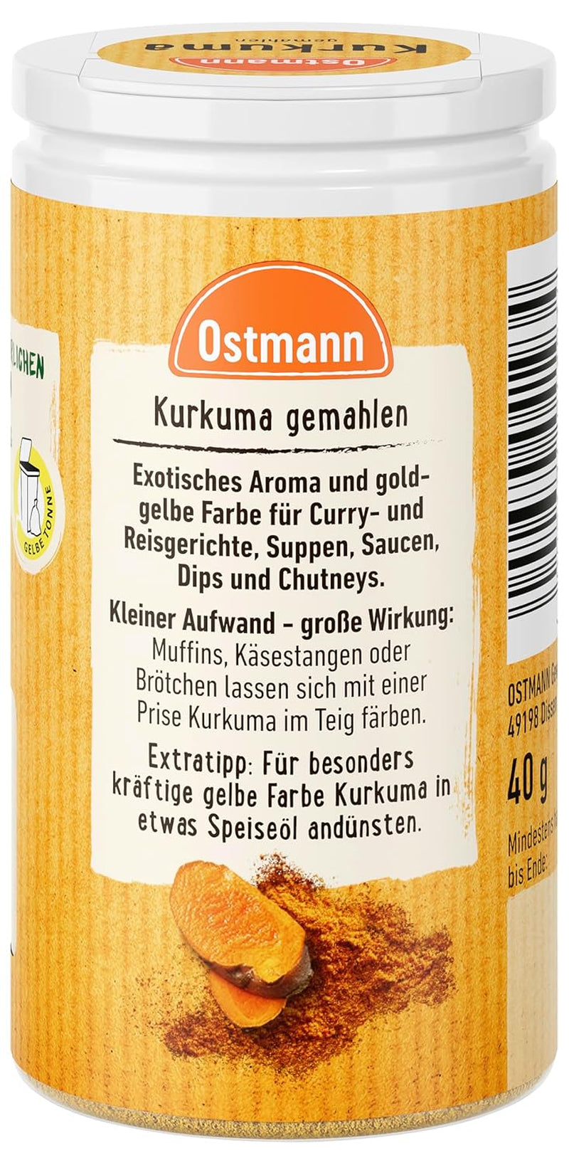Ostmann Gewürze - Kurkuma gemahlen | Perfektes Gewürz für Curry- und Reisgerichte | Verleiht Gerichte eine goldgelbe Farbe | Ingredientes Naturales | 40 g en Der Streudose