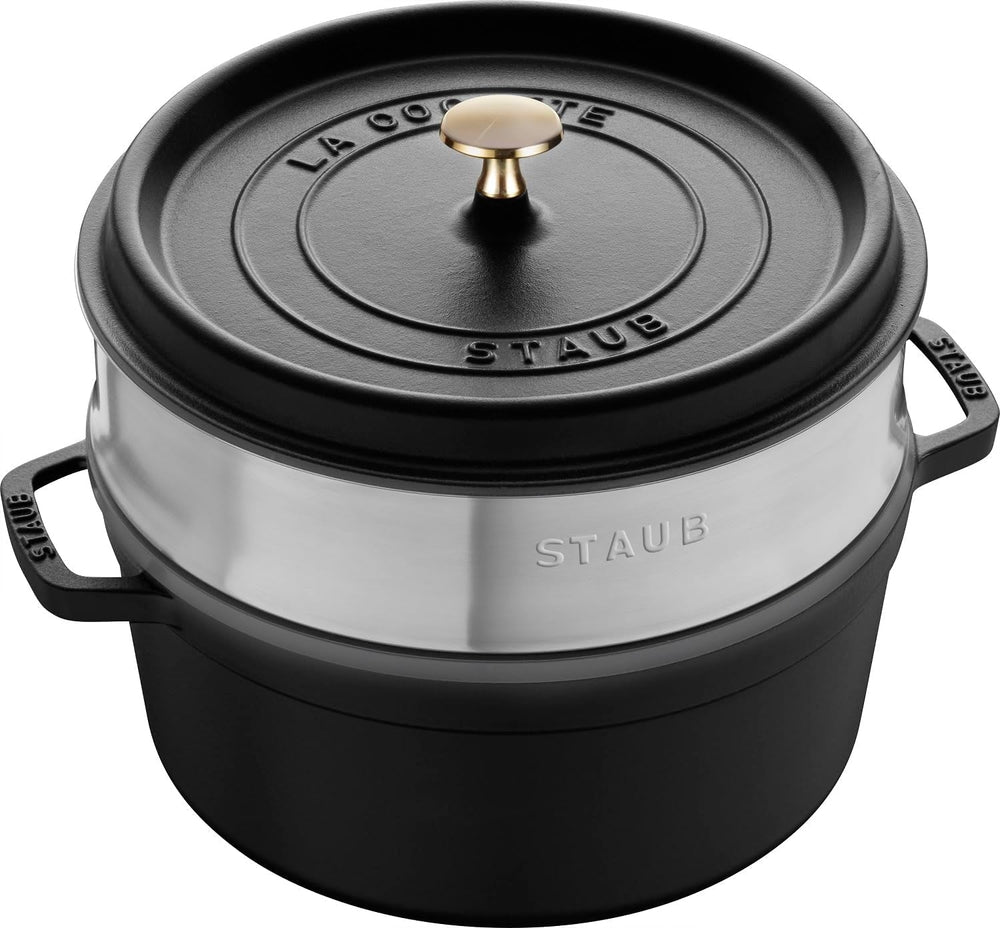 STAUB Gusseisen Bräter/Cocotte, Mit Dämpfeinsatz Aus Edelstahl, Rund 26 Cm, 5,2 L, Aromaregen Funktion Für Optimale Befeuchtung, Für Alle Herdarten Inkl. Induktion & Backofen, Kirschrot, Rot Moldes y bandejas de horno Naty Shop Schwarz