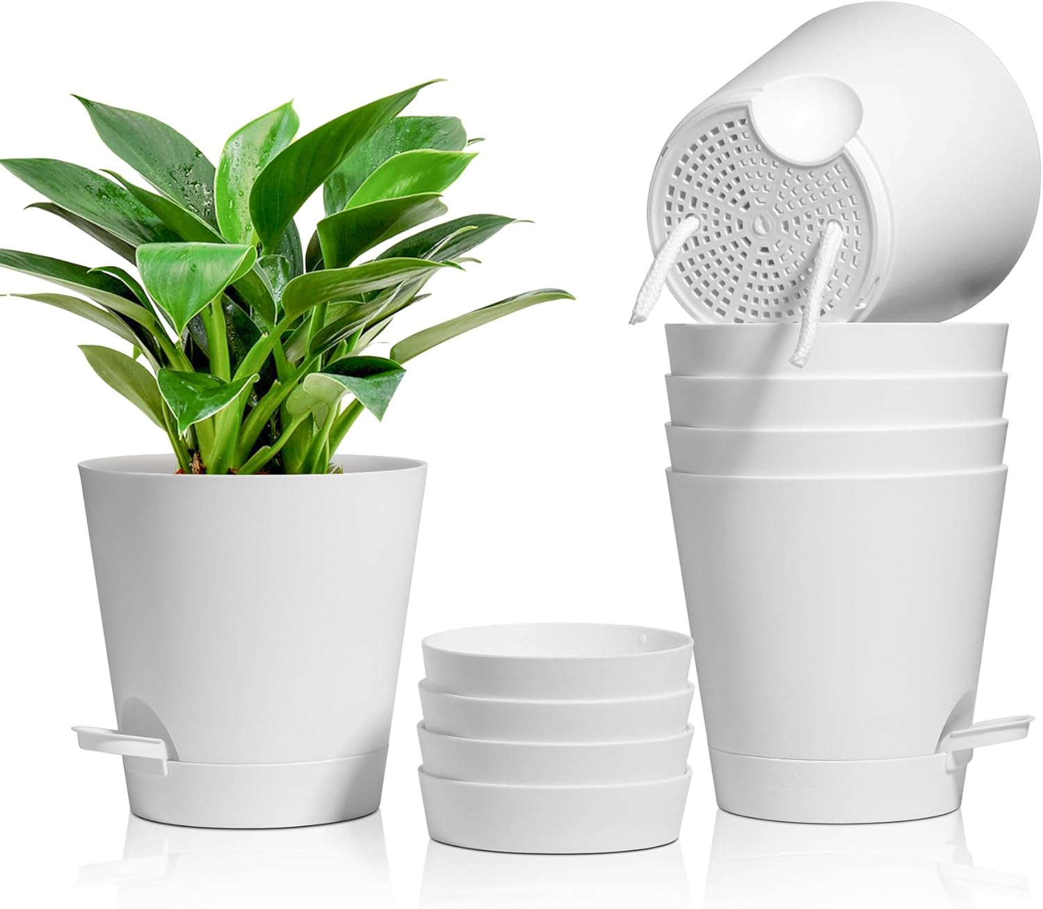 T4U Macetas de Plástico de 14 cm con Sistema de Riego, Juego de 6 Macetas y Platillos con Riego Automático, Macetas Redondas para Plantas de Jardín de Balcón Interior, Suculentas, Cactus, Blanco