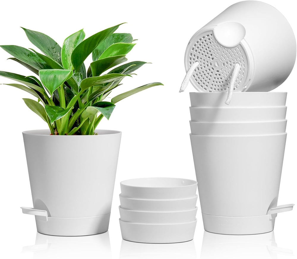 T4U Macetas de Plástico de 14 cm con Sistema de Riego, Juego de 6 Macetas y Platillos con Riego Automático, Macetas Redondas para Plantas de Jardín de Balcón Interior, Suculentas, Cactus, Blanco