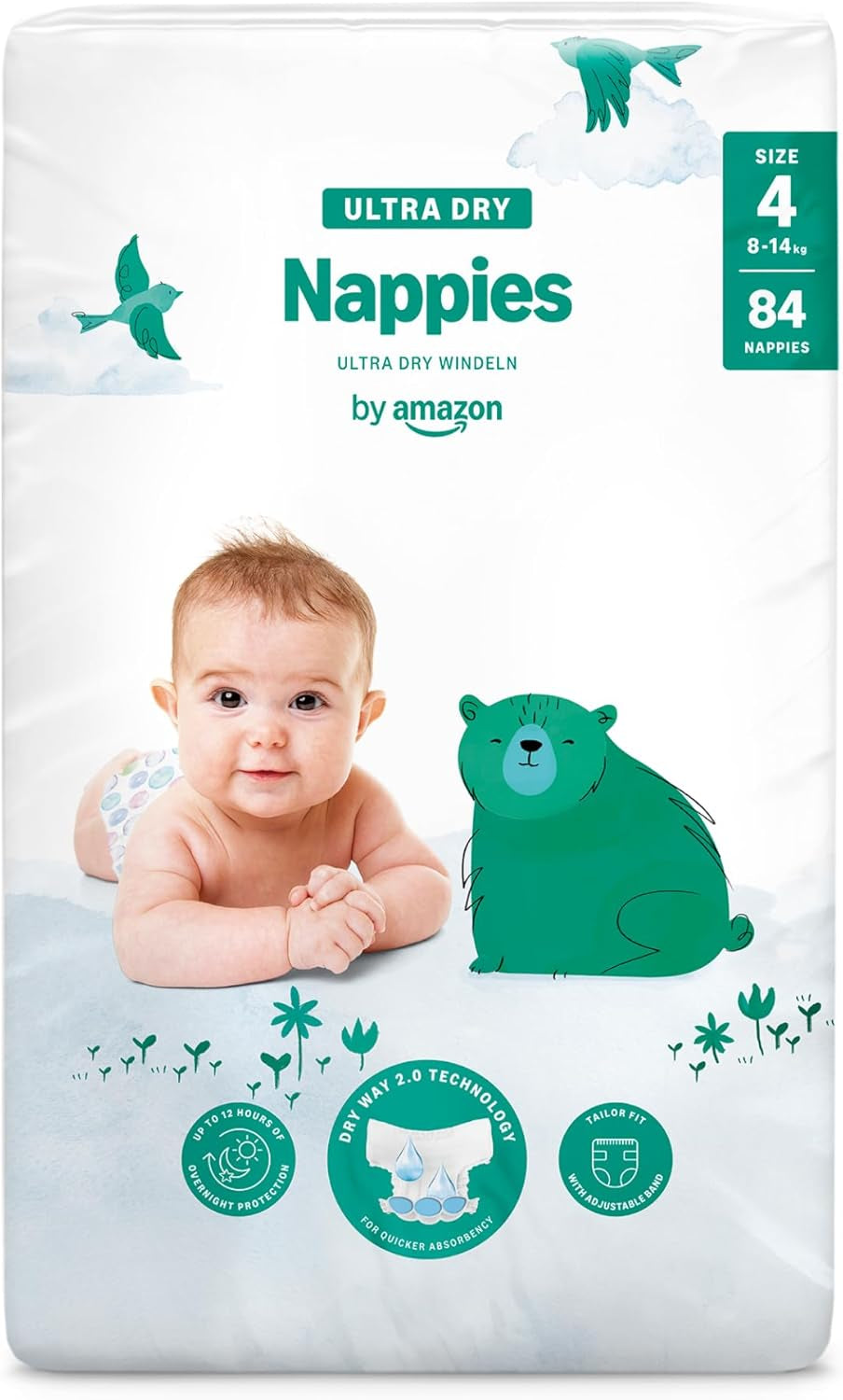 Pañales Amazon Ultra Dry, tamaño 1 (2-5 kg) - Caja mensual, blanco, 96 unidades (2 paquetes de 48) (anteriormente marca Mama Bear, producto idéntico)
