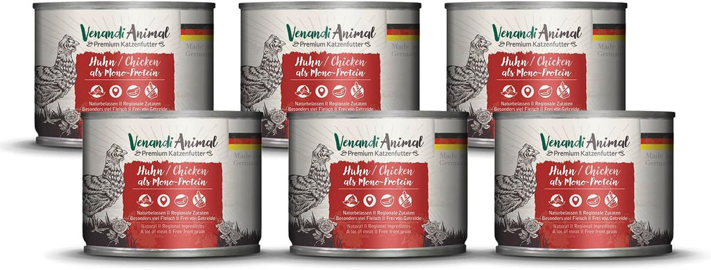 Venandi Animal Premium Hrană umedă pentru pisici, Tasting Pack III, pui, curcan, vită, pui + iepure, vițel, curcan, 6 X 200 G, fără cereale și naturală, 1.2 Kg