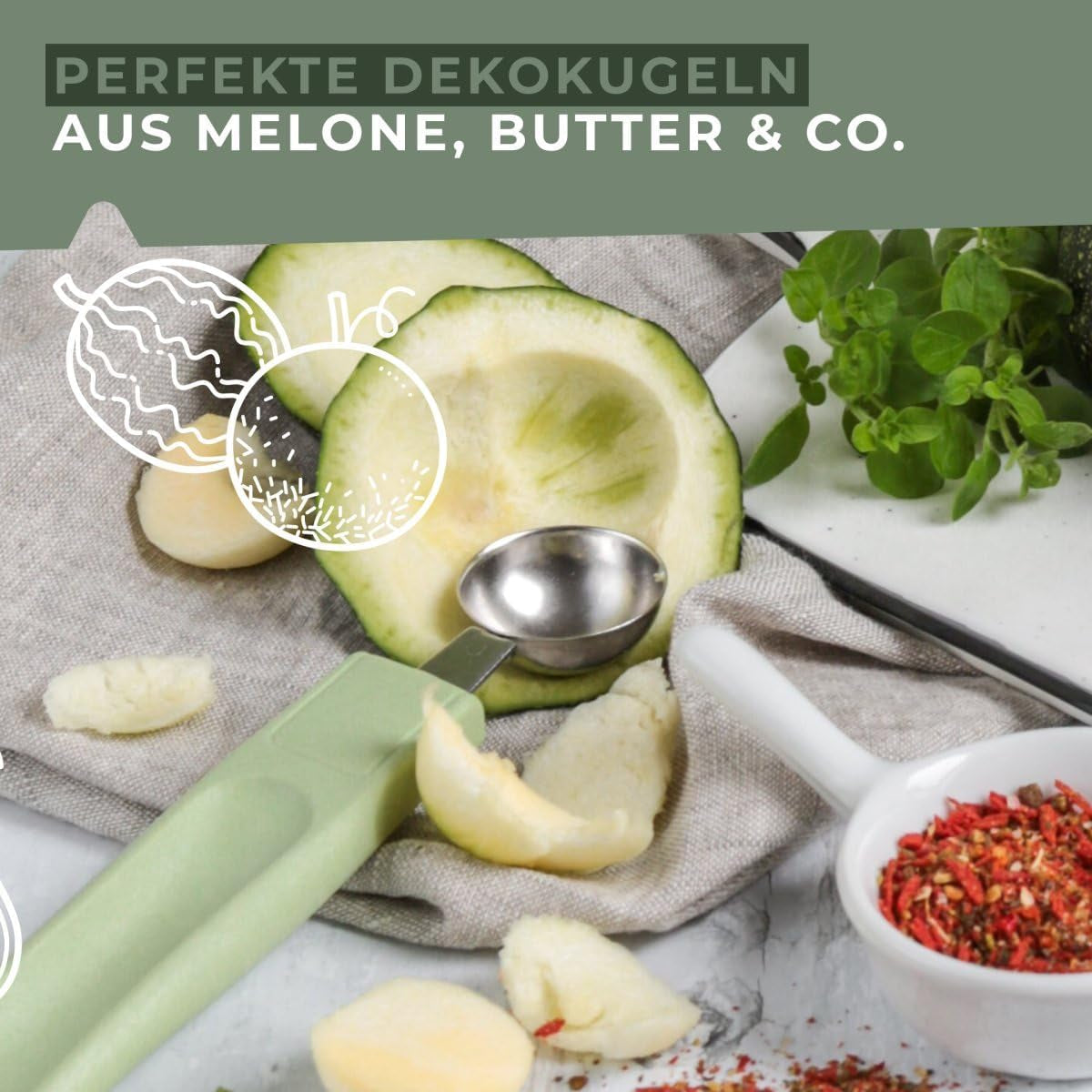 Fackelmann Ecolution Baller – Modelator de fructe și unt din fibre de lemn, bioplastic și oțel inoxidabil – Lingură pariziană de 18 x 3 cm, verde mentă