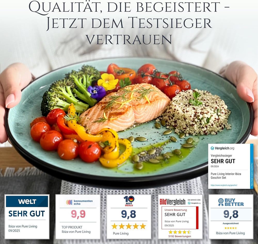 Set de veselă din gresie ceramică, format din 24 de piese, pentru 6 persoane, design Ibiza, CÂȘTIGĂTOR AL TESTULUI. Un set de veselă mediteraneană superb, inclusiv boluri și farfurii. Set de veselă Pure Living, verde salvie.