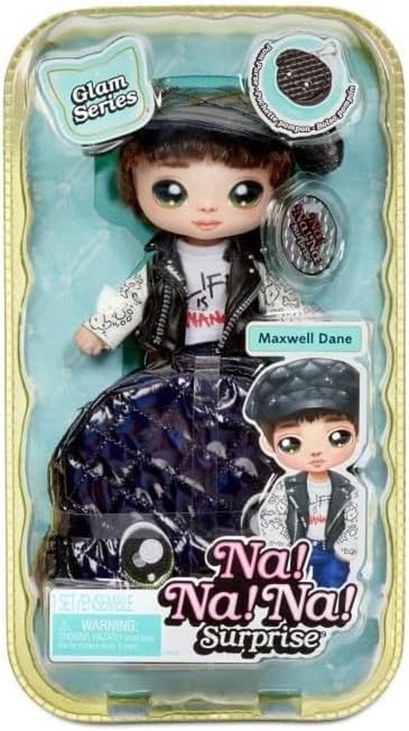 Na Na Na Surprise 2 en 1 Soft Modepuppe & Metallic Purse Glam Serie - Sammlerpuppe - Boy-Puppe mit Braunen Haaren und Mütze mit Hunde-Ohren und einer Welpen Tasche - Maxwell Dane