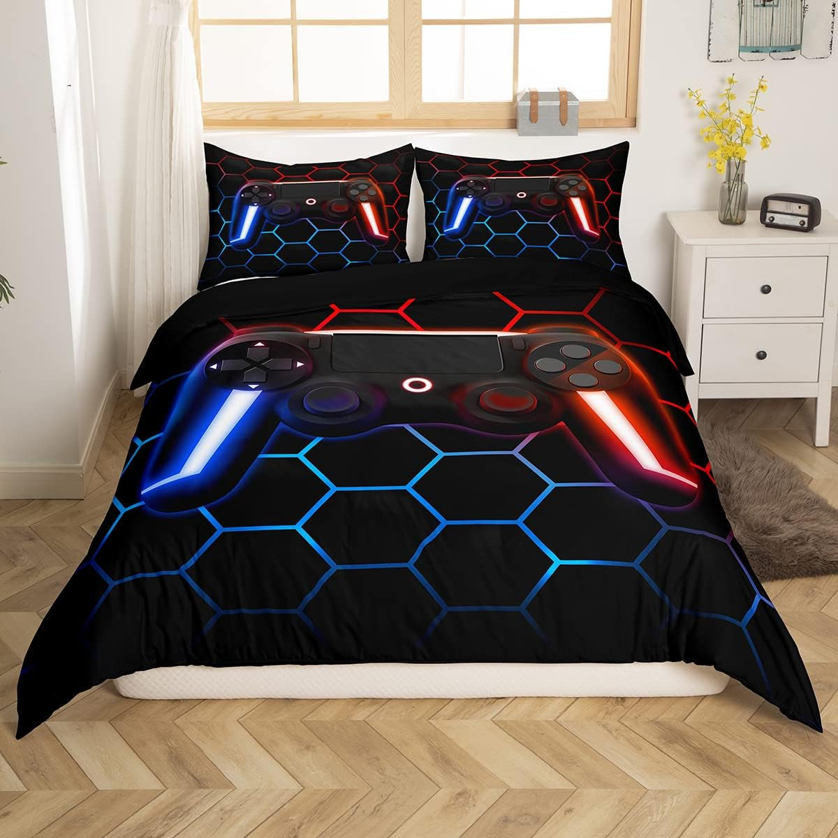 Juego de ropa de cama Gamer para jóvenes, 155 x 220, juego de cama para niños, adolescentes, hombres, vídeos, decoración, juego de cama reversible, funda verde, mando de juegos retro, cama de lujo, color blanco, 2 piezas