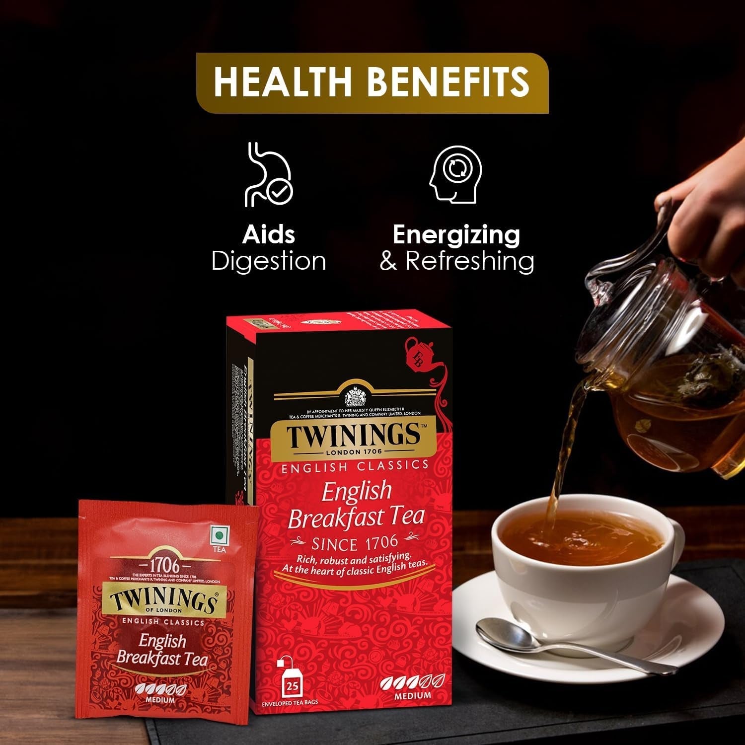 Twinings English Breakfast Ceai negru 50 g, 25 pliculețe de ceai, ceai negru plin, rotund și puternic din cele mai bune plantații de ceai din Sri Lanka și India. Ceai negru Pachet de 1 (1 x 50 g)
