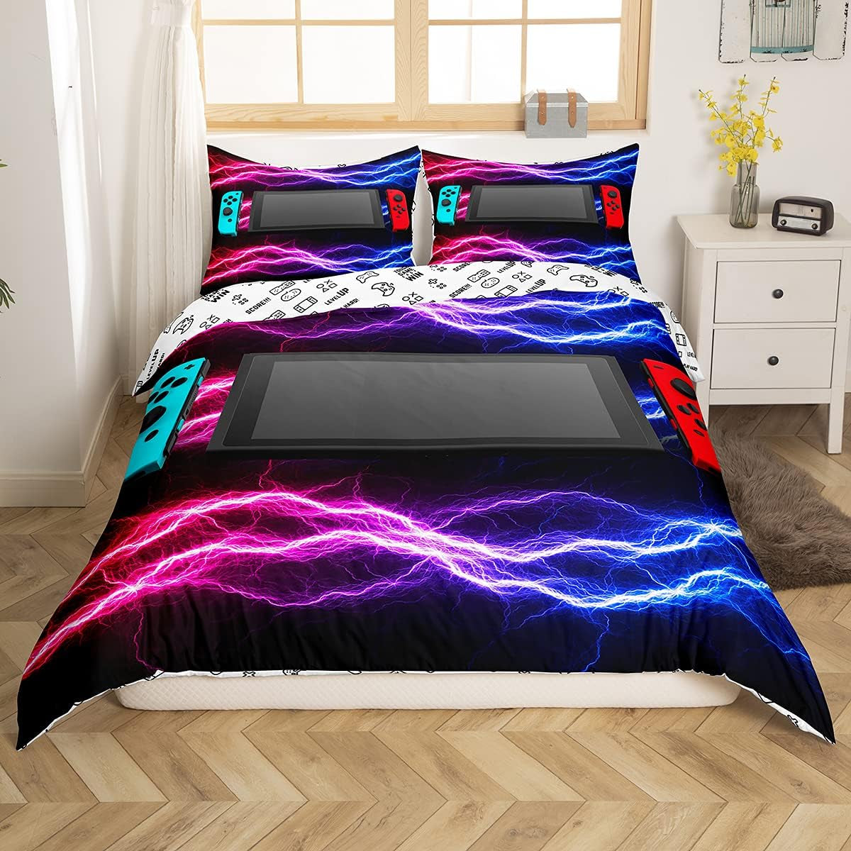 Juego de ropa de cama Gamer para jóvenes, 155 x 220, juego de cama para niños, adolescentes, hombres, vídeos, decoración, juego de cama reversible, funda verde, mando de juegos retro, cama de lujo, color blanco, 2 piezas