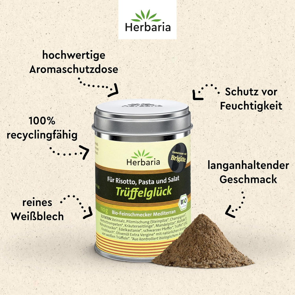 Herbaria Trüffelglück bio 110g M-Dose - Fertiges Bio-Pilz- & Trufflegewürz für intensiv-köstliche Gerichte - mit erlesenen Ingrediente - in nachhaltiger Aromaschutz-Dose