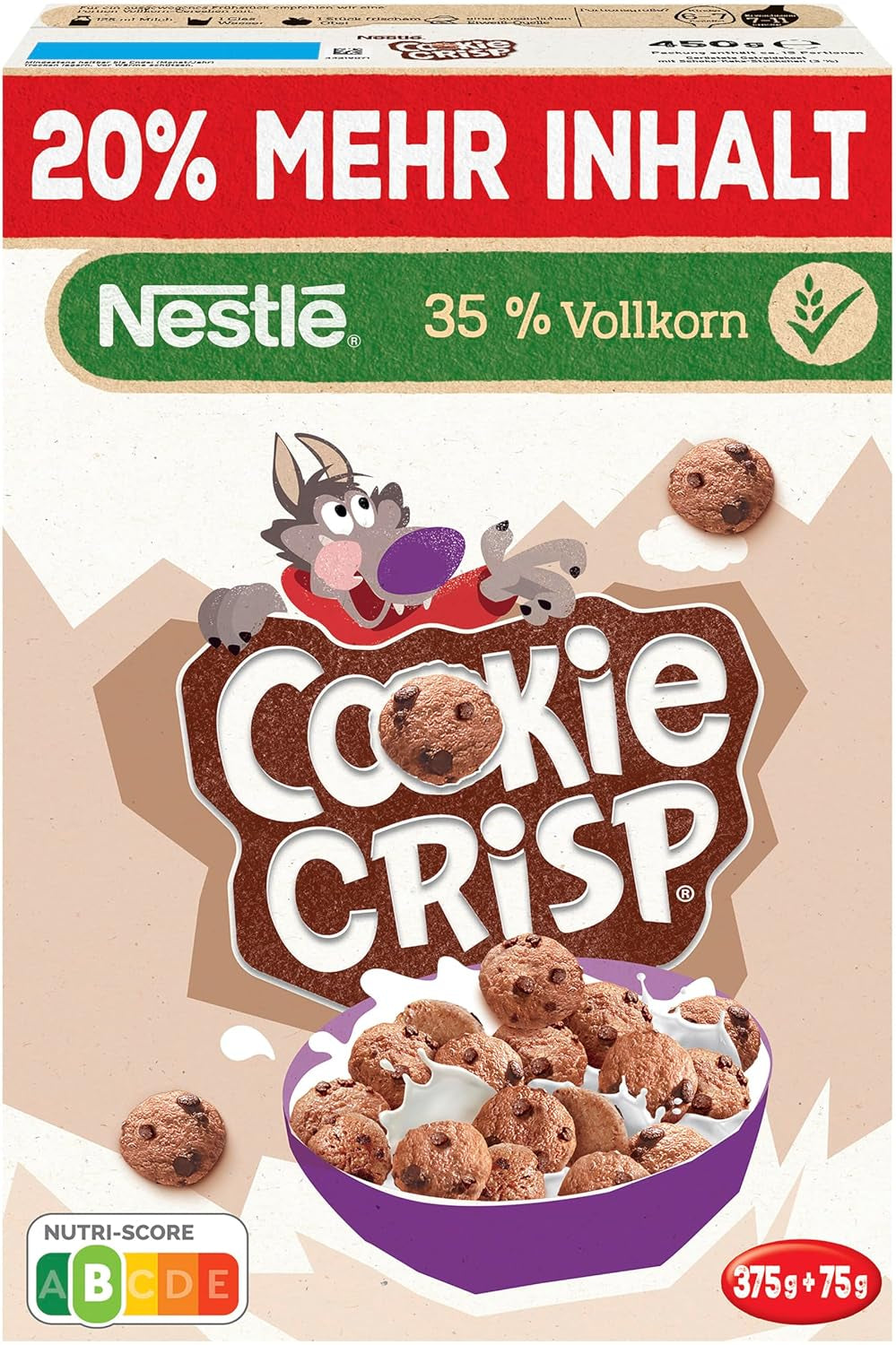 Nestlé Cookie Crisp (+20%), cereal integral de desayuno para niños, paquete de 1 (1x450g)
