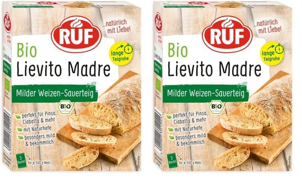 RUF Lievito Madre Sauerteig, Milder Weizen-Sauerteig, Mutterteig, Kurze Teigruhe Durch Enthaltene Trockenhefe, Lievito Madre Getrocknet Für Brot, Baguette, Focaccia, 3X35G Mezcla para hornear y cocinar Naty Shop 105 G (2Er Pack) Lange Teigruhe