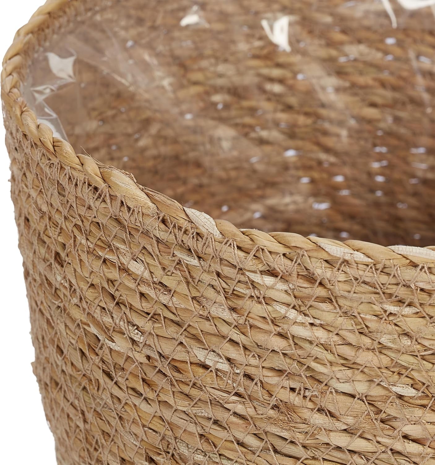 Ghiveci de flori Relaxdays din iarbă de mare, set de 3, rotund, pentru flori și ierburi, coș de plante cu folie, 3 dimensiuni, jardinieră, naturală