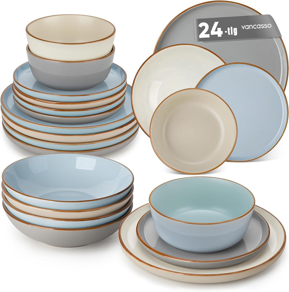 Geschirrset 6 Personen, vancasso RENO 24-tlg Steingut Teller Set Mix, Tafelservice mit je 6 Speiseteller, Dessertteller, Suppenteller, Müslischalen, Spülmaschinenfest & Mikrowellengeeignet, Mehrfarbig