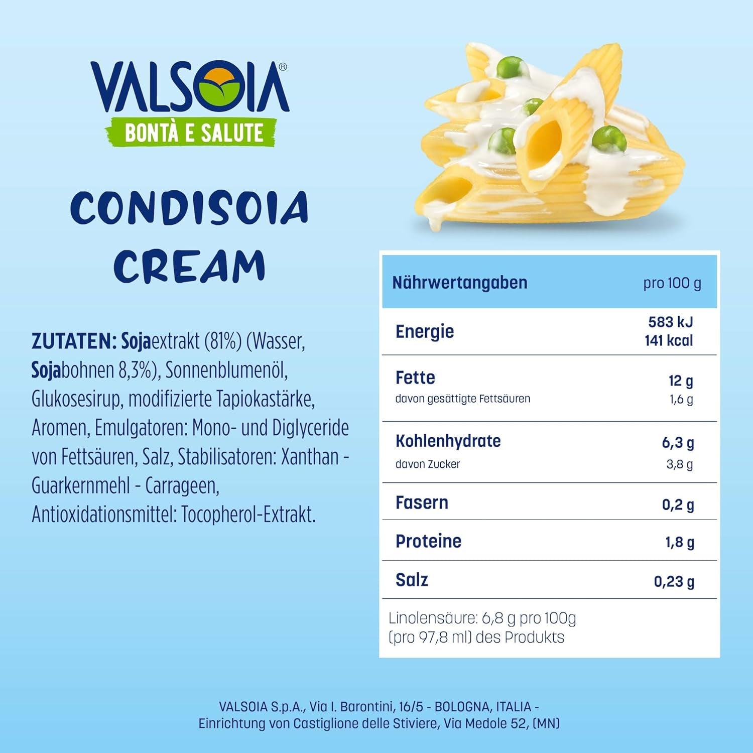 Crema Condisoia, nata para cocinar ideal para personas con intolerancia a la lactosa, veganos y vegetarianos, versátil en la cocina, 6 x 200 g