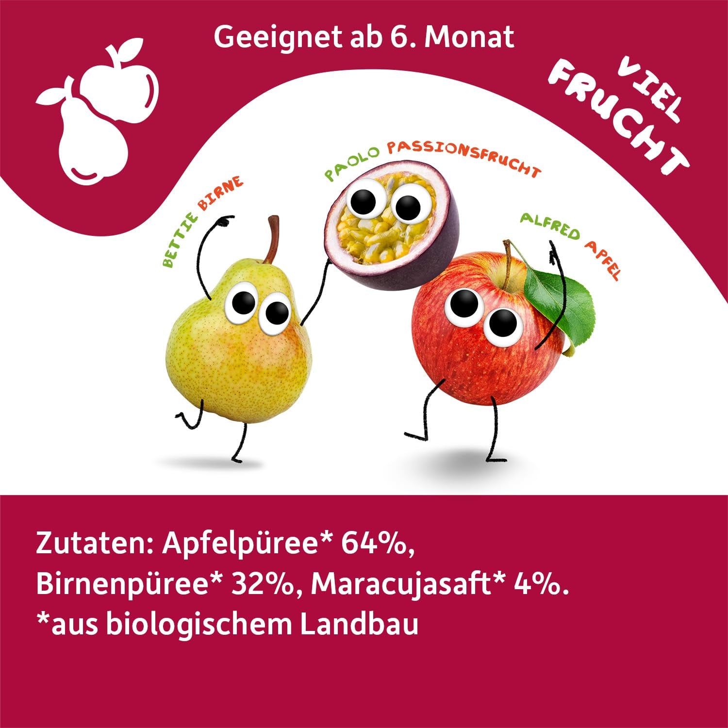 FRECHE FREUNDE Bio Quetschie Apple, Birne & Maracuja, Fruchtmus mit Obst im Quetschbeutel für Babies from 6. Month, vegan, 6er Pack (6 x 100g)