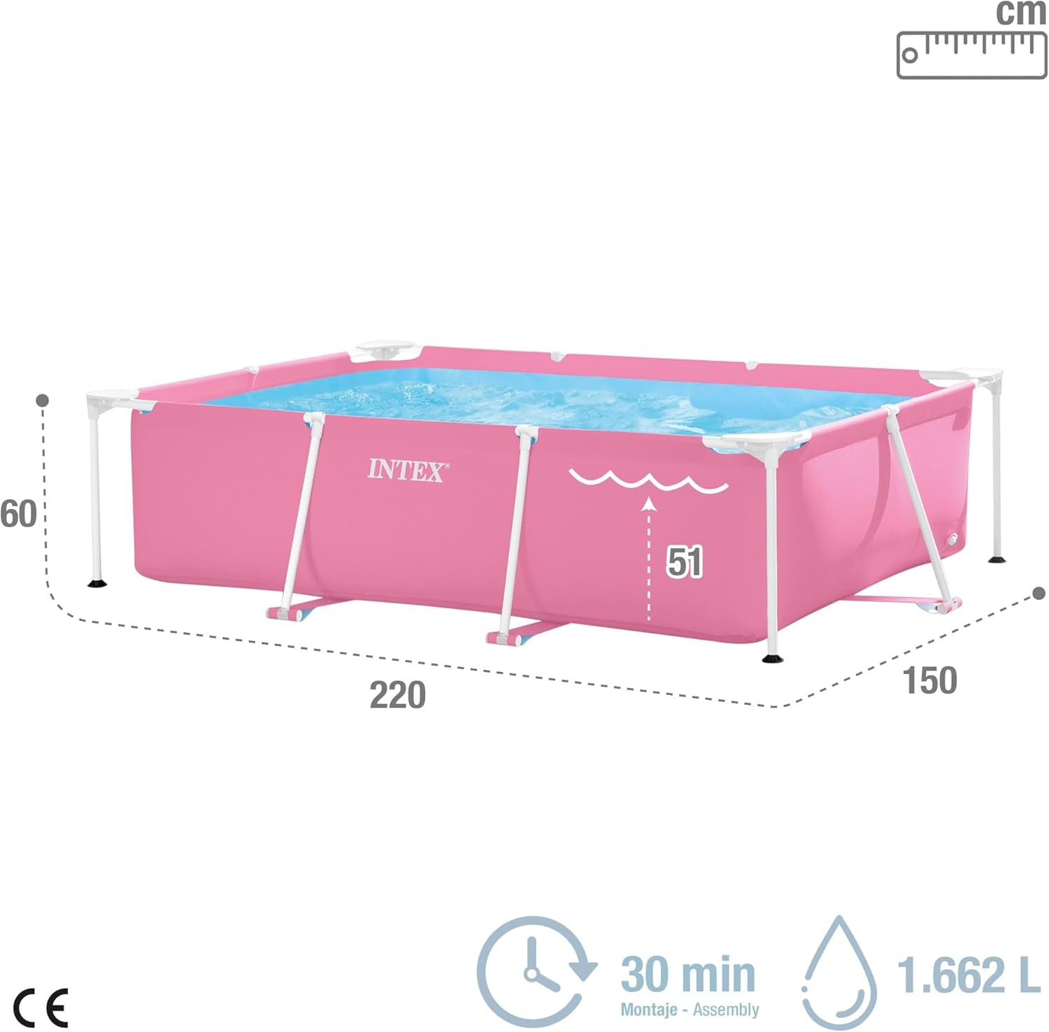 Intex 28266NP - Piscina elevada rectangular con estructura, 1662 L, acero y PVC, rosa, 220x150x60 cm