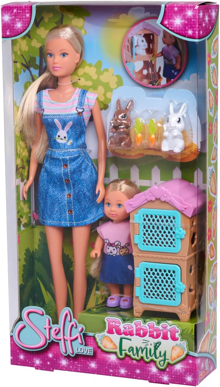 Simba Steffi Love Rabbit Family, păpușă de joacă și păpușă cu cușcă de iepuri și doi iepuri, 12 cm, 29 cm, vârste 3+