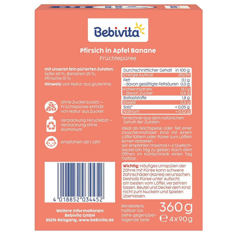 Bolsas exprimibles de melocotón, manzana y plátano - 16 (paquete de 4, 4 x 90 g cada una), sin azúcar añadido, sin gluten, ideales para snacks para llevar y para autoconsumo