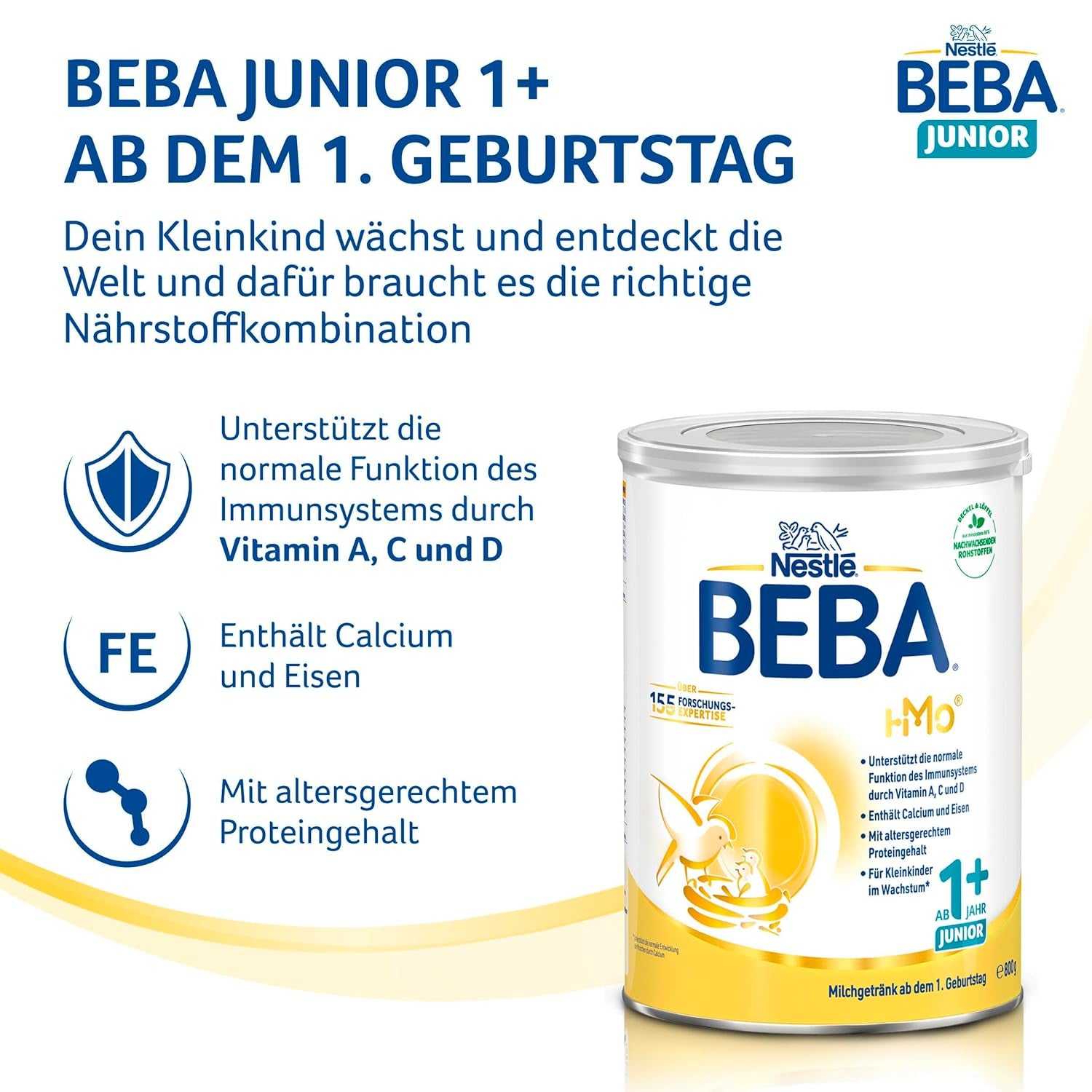 BEBA Junior 1+ bebida láctea a partir de 1 año, Con HMO, Contenido de proteínas apropiado para la edad, Solo lactosa, Sin aceite de palma, Sin aceite de pescado, Comida para niños pequeños, Leche en polvo para bebés, Paquete de 6 (6 x 800 g)