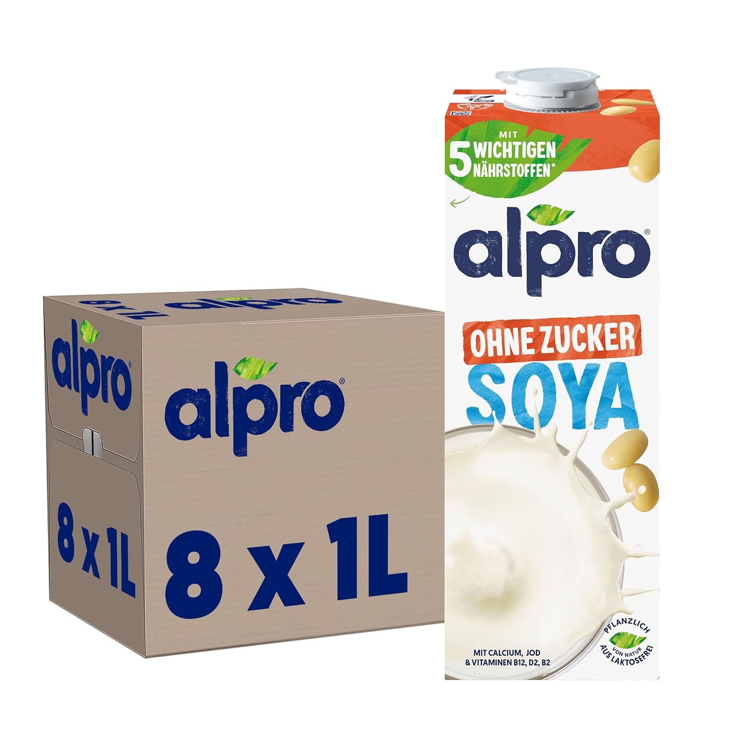 Alpro Sojadrink – Vegan und milchfrei – Von Natur aus laktosefrei und fettarm – Rich an pflanzlichen Proteinen, inhalt Calcium and Vitamine – 8 x 1 L – Haltbar