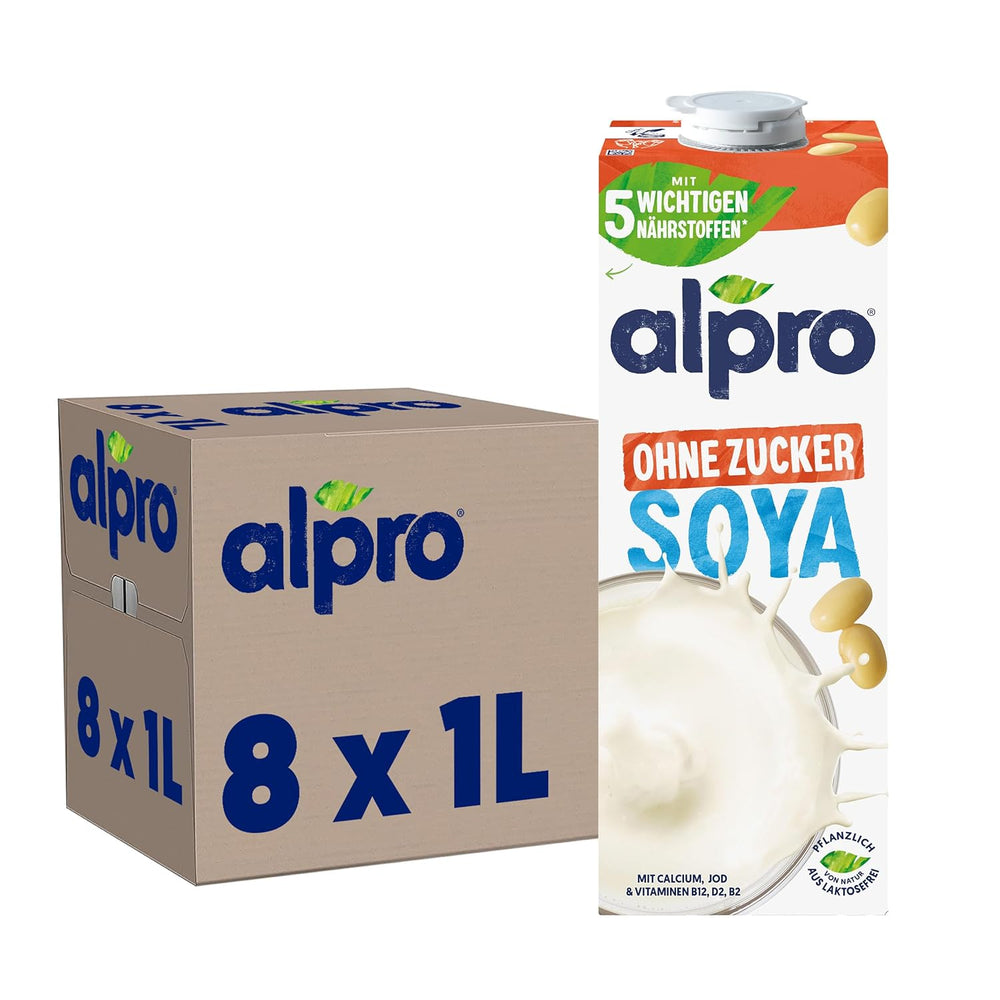 Alpro Sojadrink – Vegan und milchfrei – Von Natur aus laktosefrei und fettarm – Rich an pflanzlichen Proteinen, inhalt Calcium and Vitamine – 8 x 1 L – Haltbar